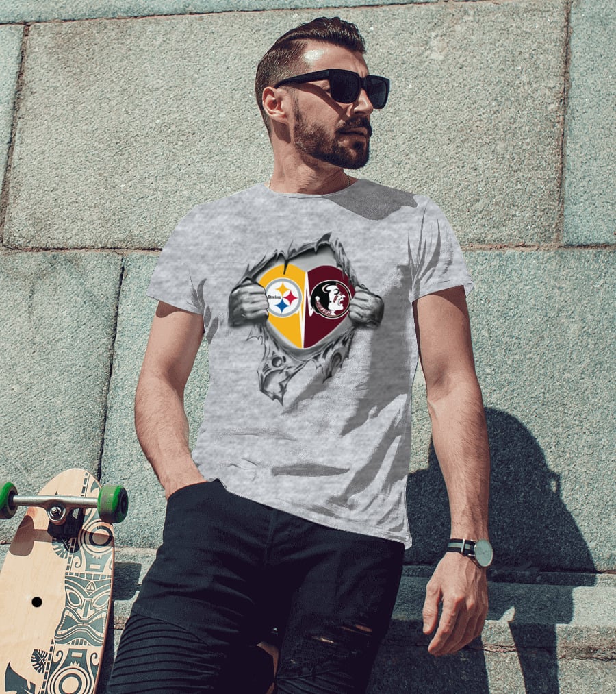 Steelers Seminoles Heart Hands Logo Under Torn Skin T-Shirt