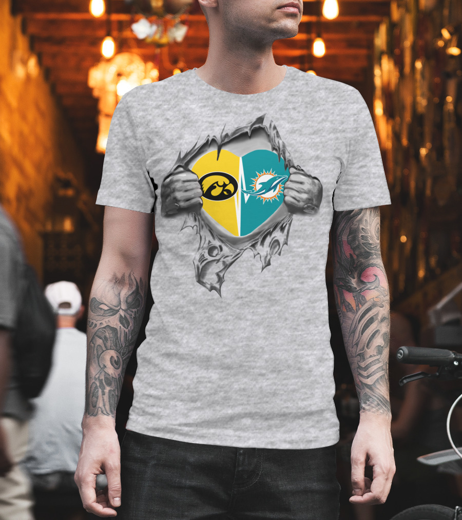 Iowa Hawkeyes Miami Dolphins Heart Rip T-Shirt
