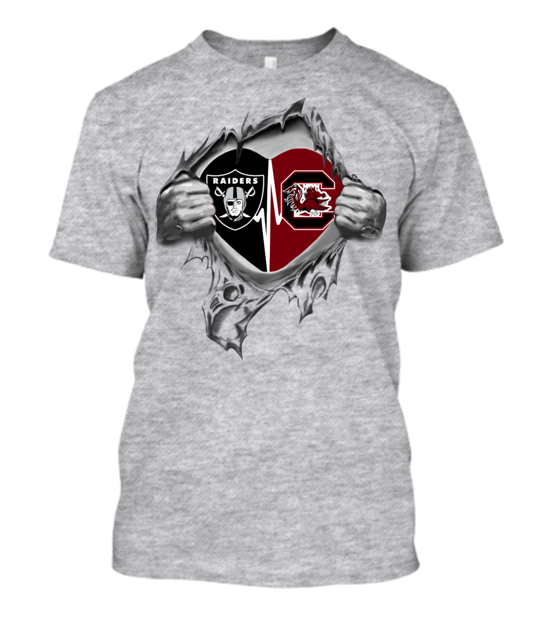 Raiders Gamecocks Heartbeat Loyalty Symbol With Torn Silver Hands T-Shirt