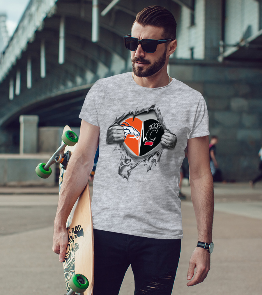Broncos Bearcats Heart Rip Logo Fusion T-Shirt