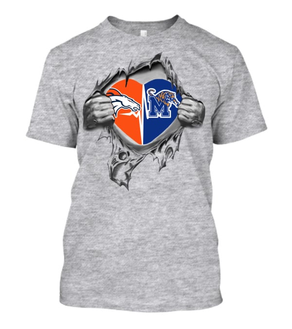Broncos Memphis Tigers Heart Logo With Ripped Effect T-Shirt