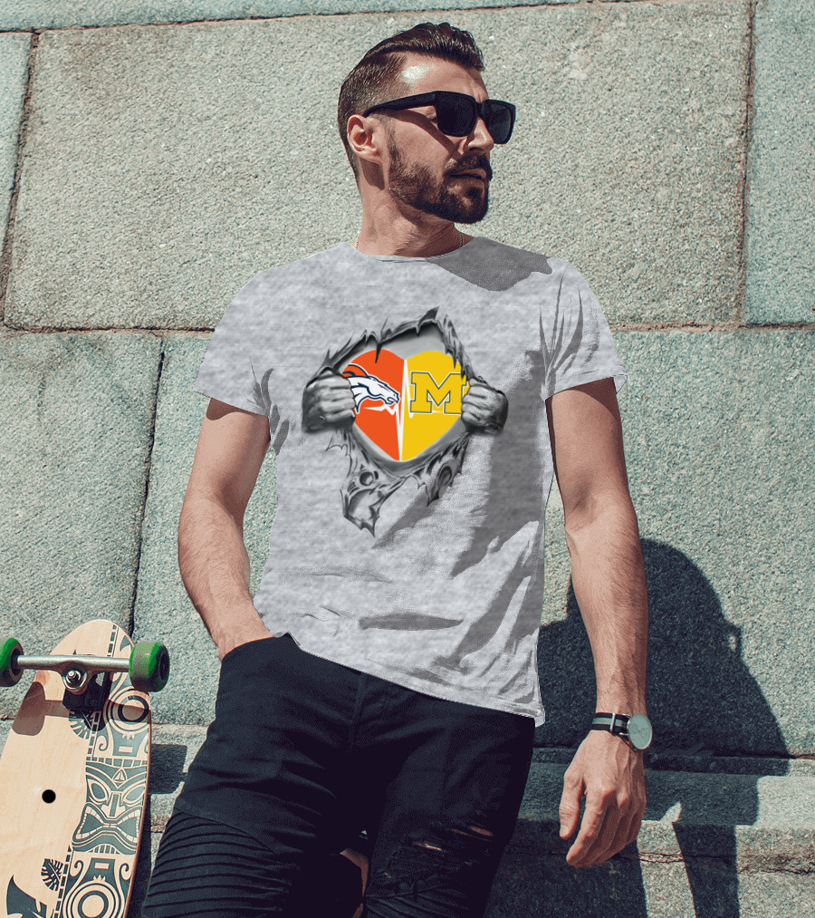 Broncos Michigan Heart Logo Tearing Dual Team Pride T-Shirt