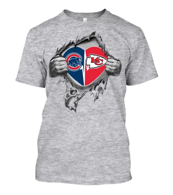Cubs Chiefs Split Heart With Logos Under Ripped Skin T-Shirt