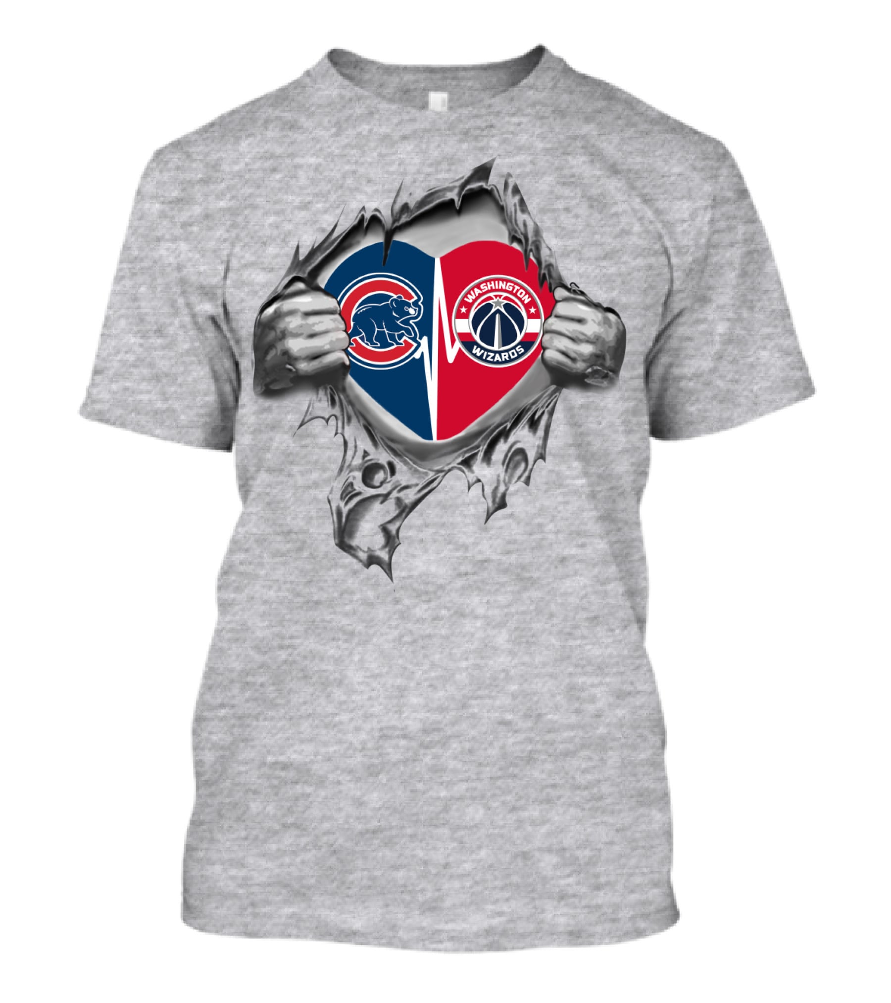 Cubs Washington Wizards Heart Logo Peeking Through Gray Torn Fabric T-Shirt