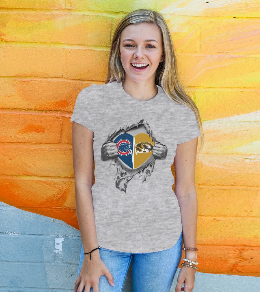 Cubs Missouri Tigers Heart Emblem With Tearing Hands T-Shirt
