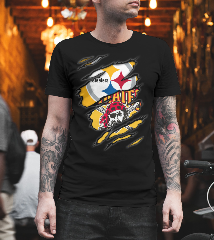 Steelers Pirates Logo Mashup Ripped Effect T-Shirt