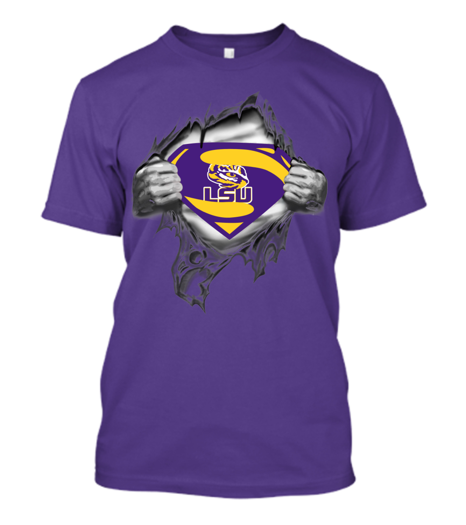 LSU Tigers Superman Logo With Hands Ripping Purple T-Shirt