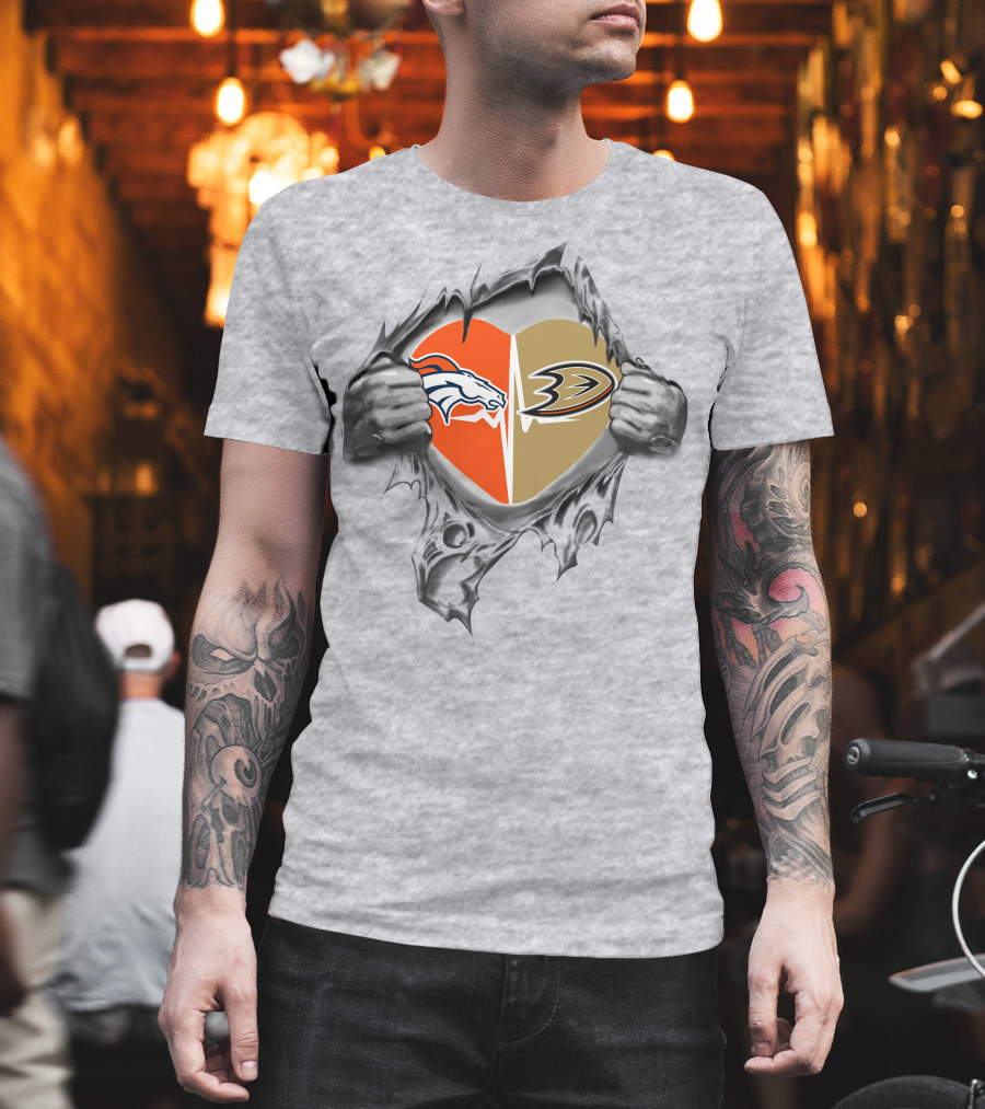 Broncos Anaheim Ducks Split Heart Loyalty Torn Open T-Shirt