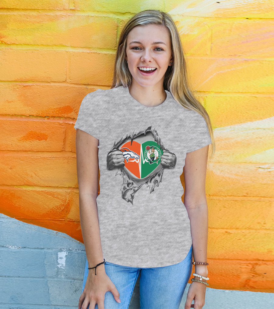 Heart Torn Open Broncos Celtics Fusion T-Shirt