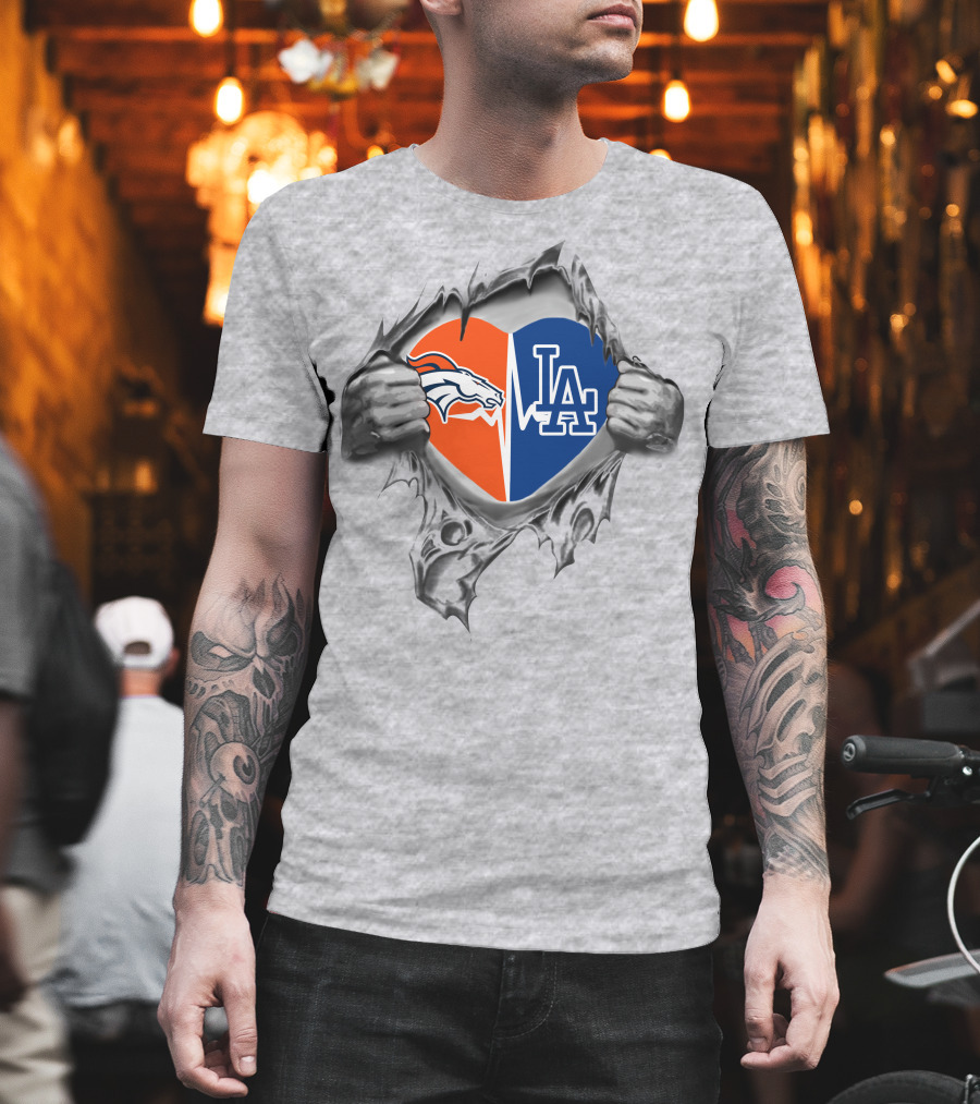 Broncos Dodgers Heartbeat Fusion Logo With Ripped Heart T-Shirt