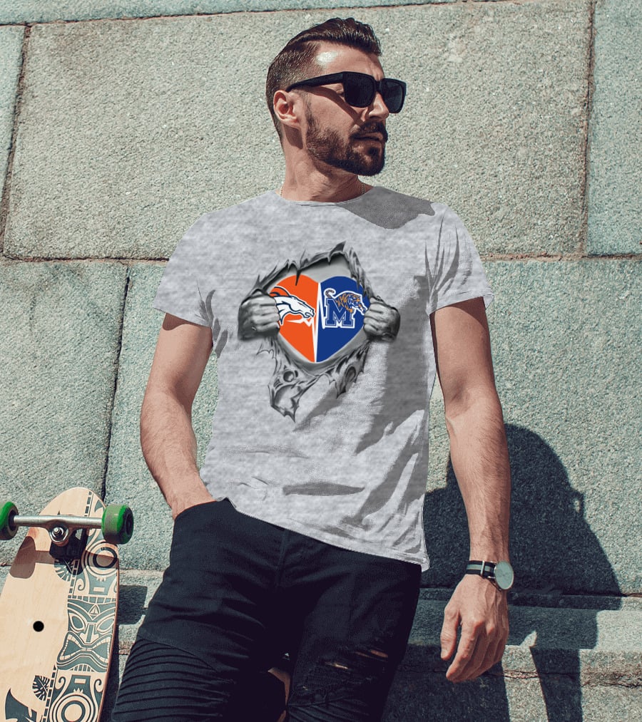Broncos Memphis Tigers Heart Logo Ripped T-Shirt
