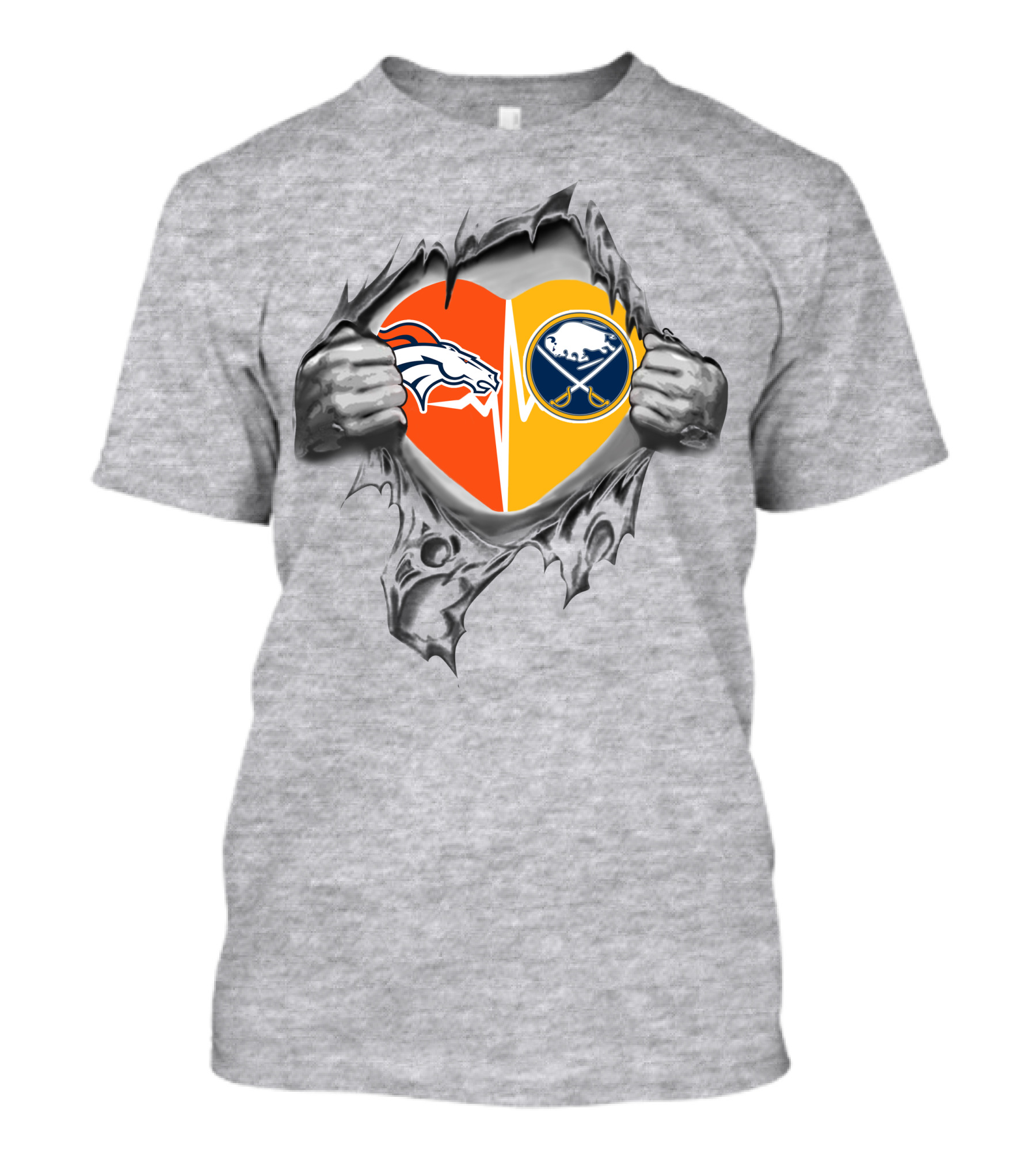 Broncos Sabres Heart Passion Logo With Hands Tearing T-Shirt