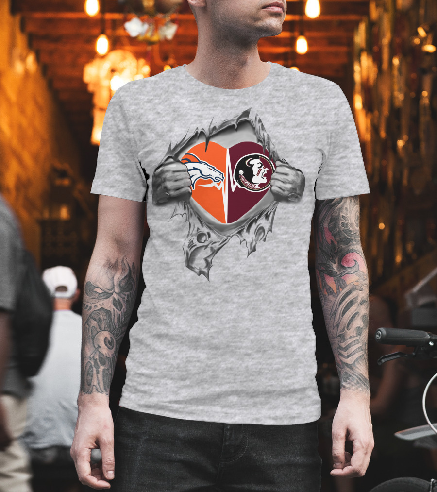 Broncos Seminoles Heart With Horse And Spear Logos Ripped Hands T-Shirt