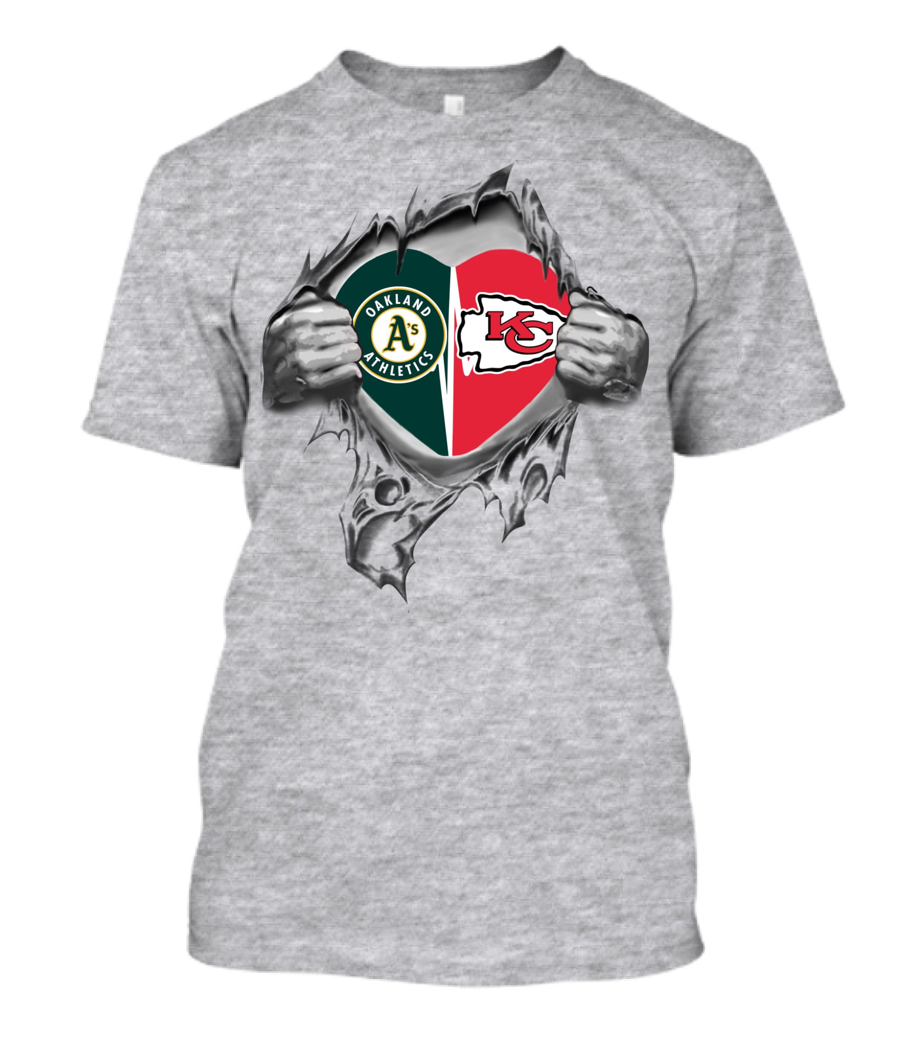 Oakland Athletics Kansas City Chiefs Heart Tearing Fan Pride T-Shirt