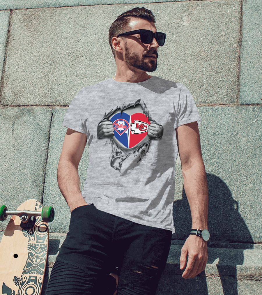 Phillies Chiefs Split Heart Torn Open Hands T-Shirt