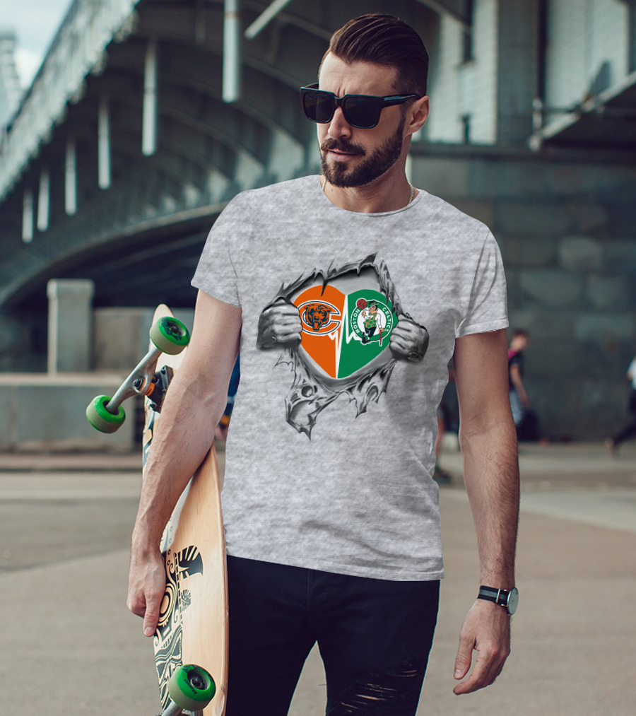 Chicago Bears Boston Celtics Heart Tear Emblems T-Shirt
