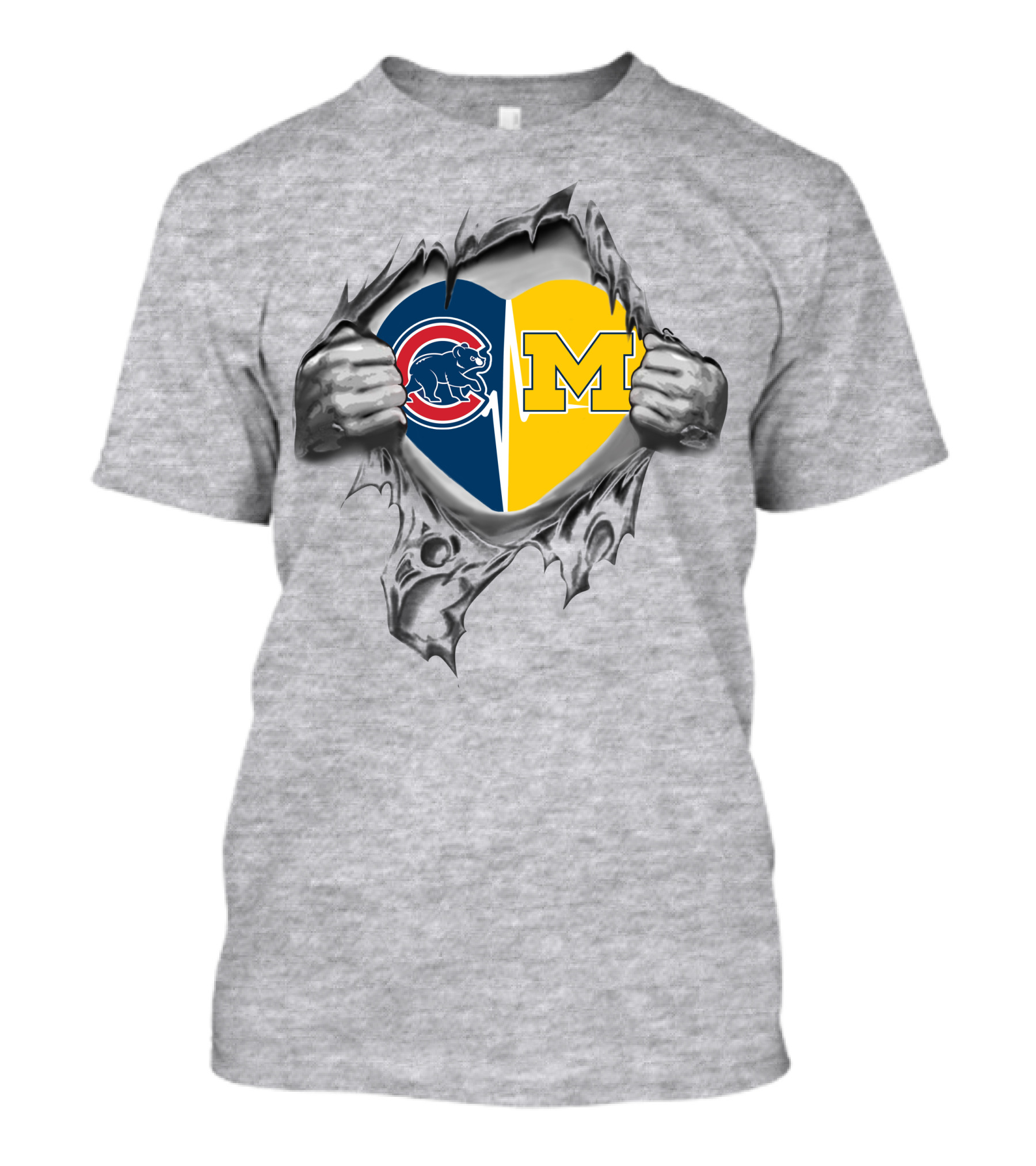 Cubs Michigan Heart Emblem With Hands Tearing T-Shirt