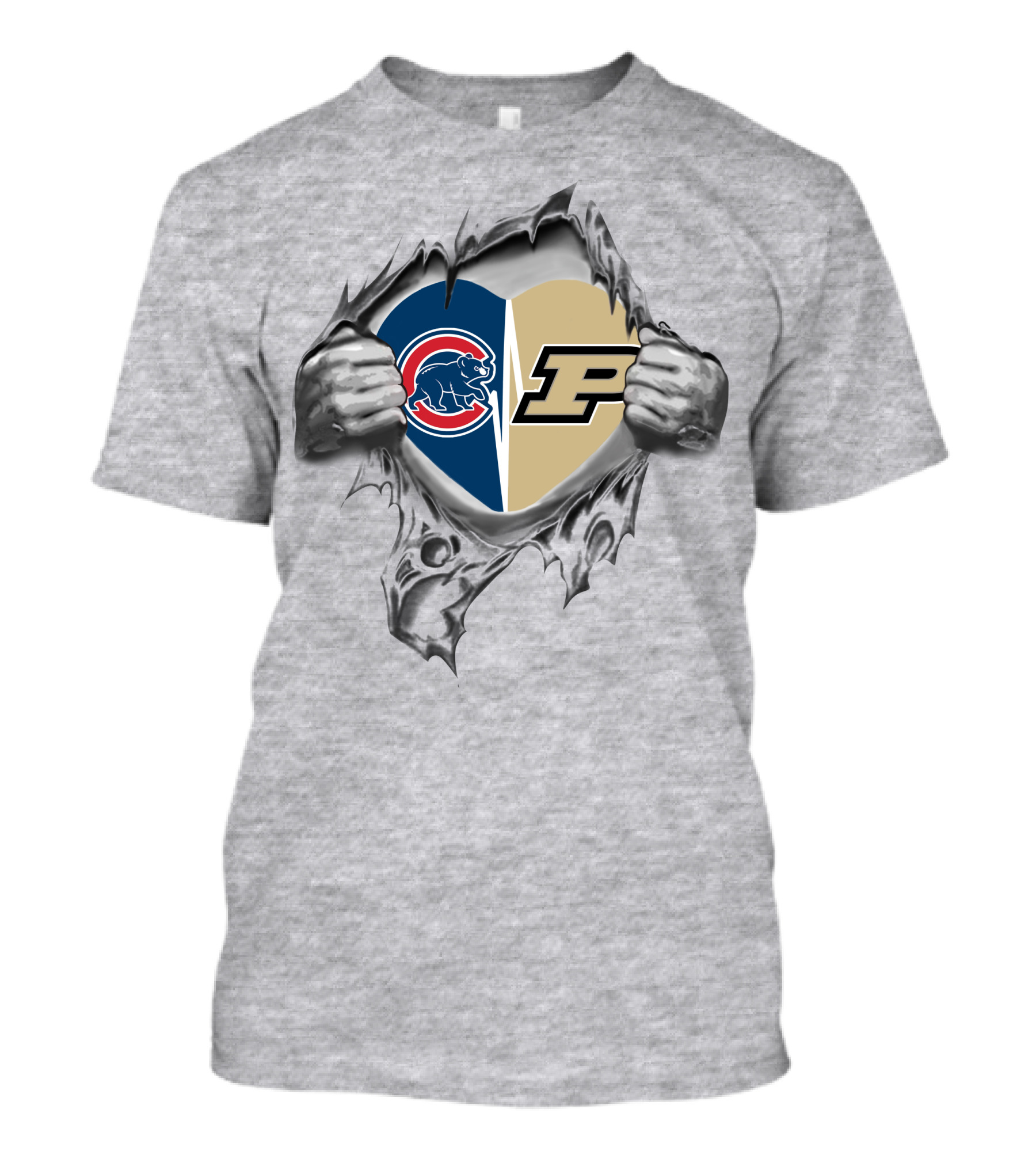 Cubs And Purdue Heart In Torn T-Shirt