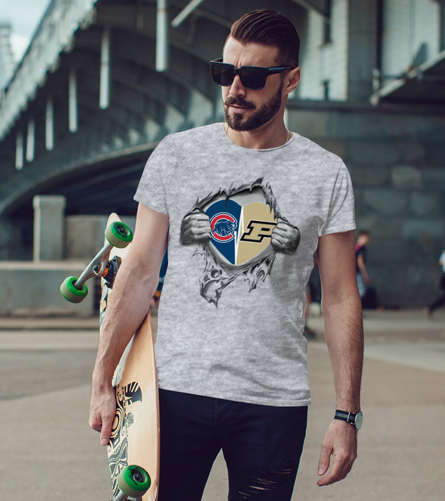 Cubs And Purdue Heart In Torn T-Shirt