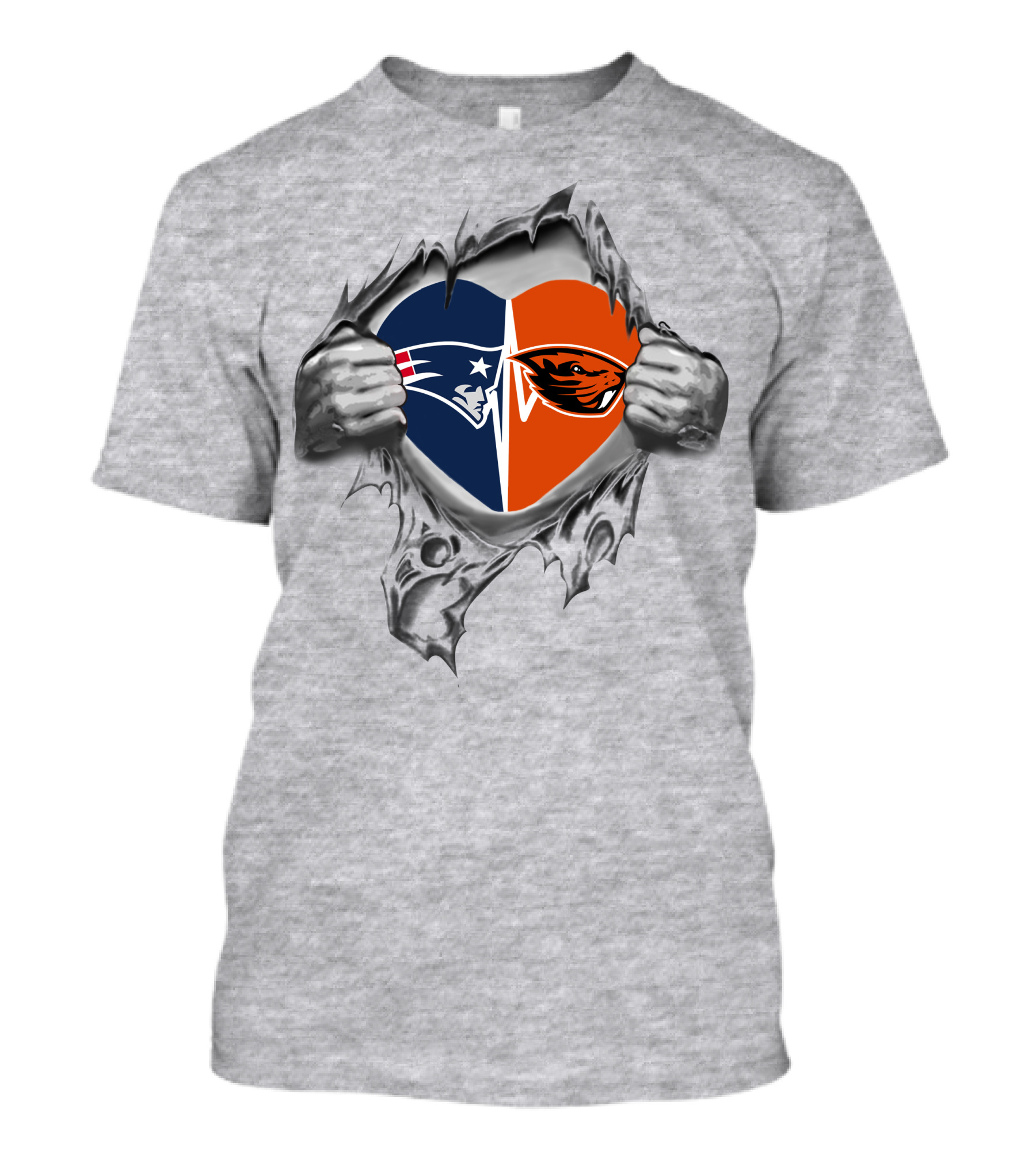 Patriots Beavers Heart Symbol With Hands Ripping Through T-Shirt