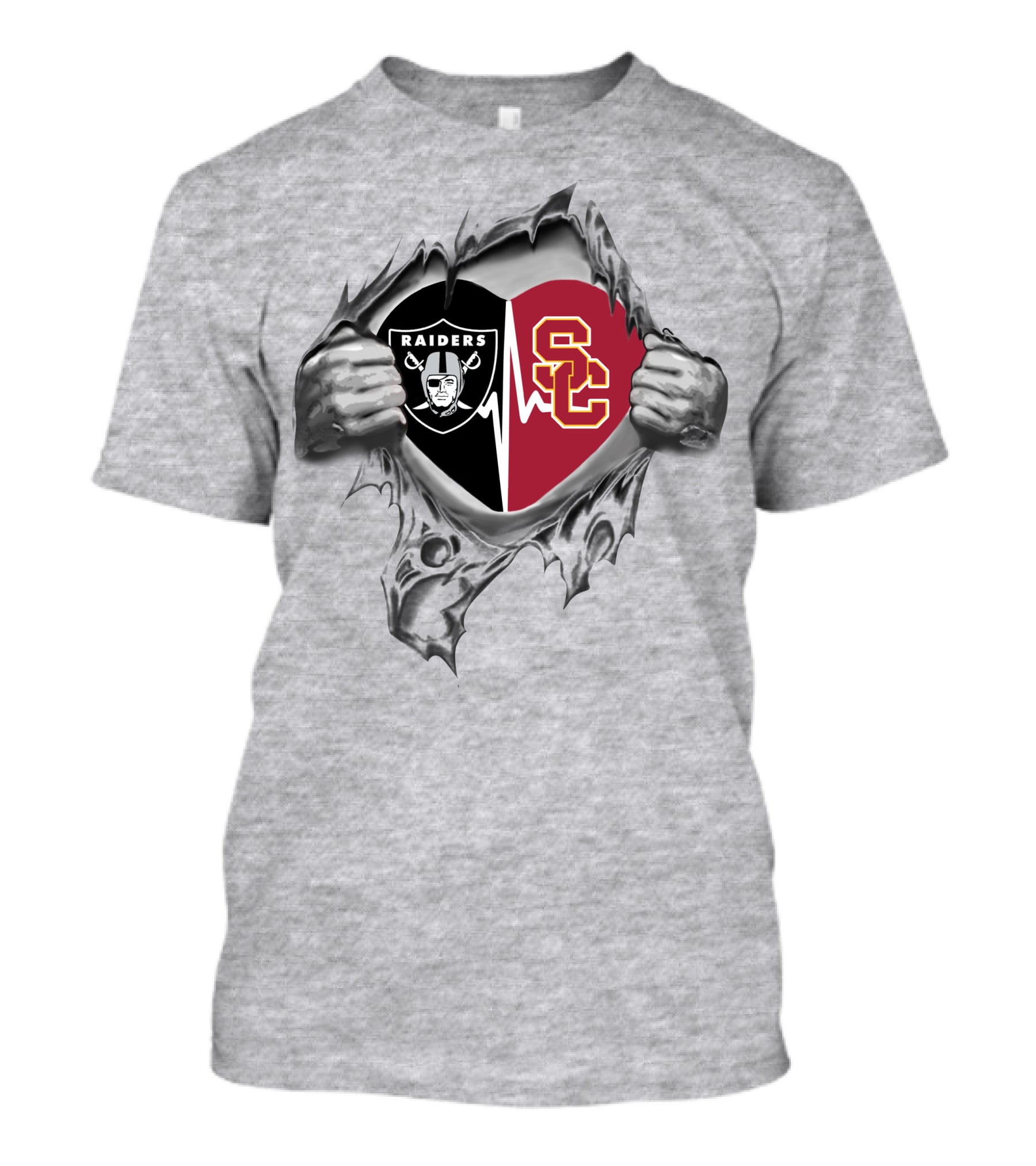 Raiders Trojans Heartbeat Logo Inside Torn Chest T-Shirt