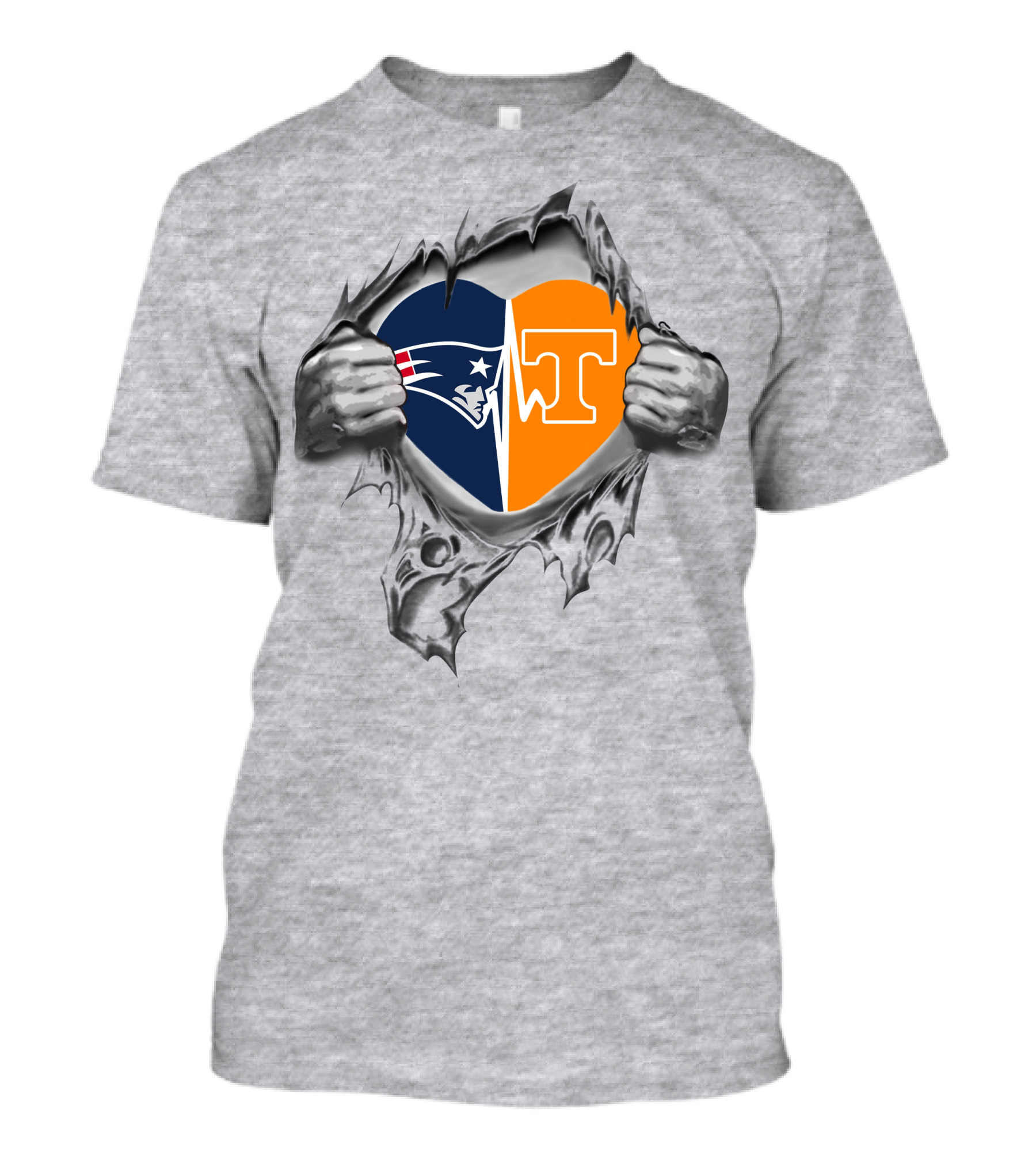 Patriots Tennessee Heart Split Logo Hands Tear Gray Background T-Shirt