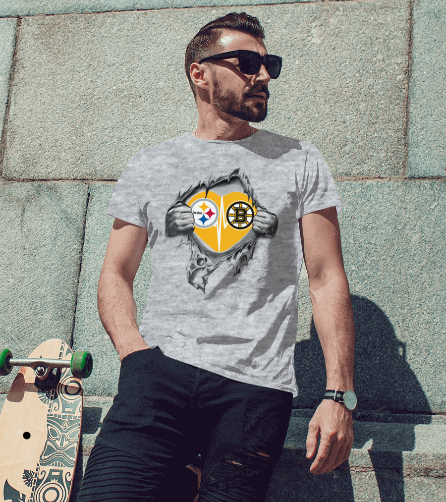 Steelers Bruins Heart Torn Open With Logos T-Shirt