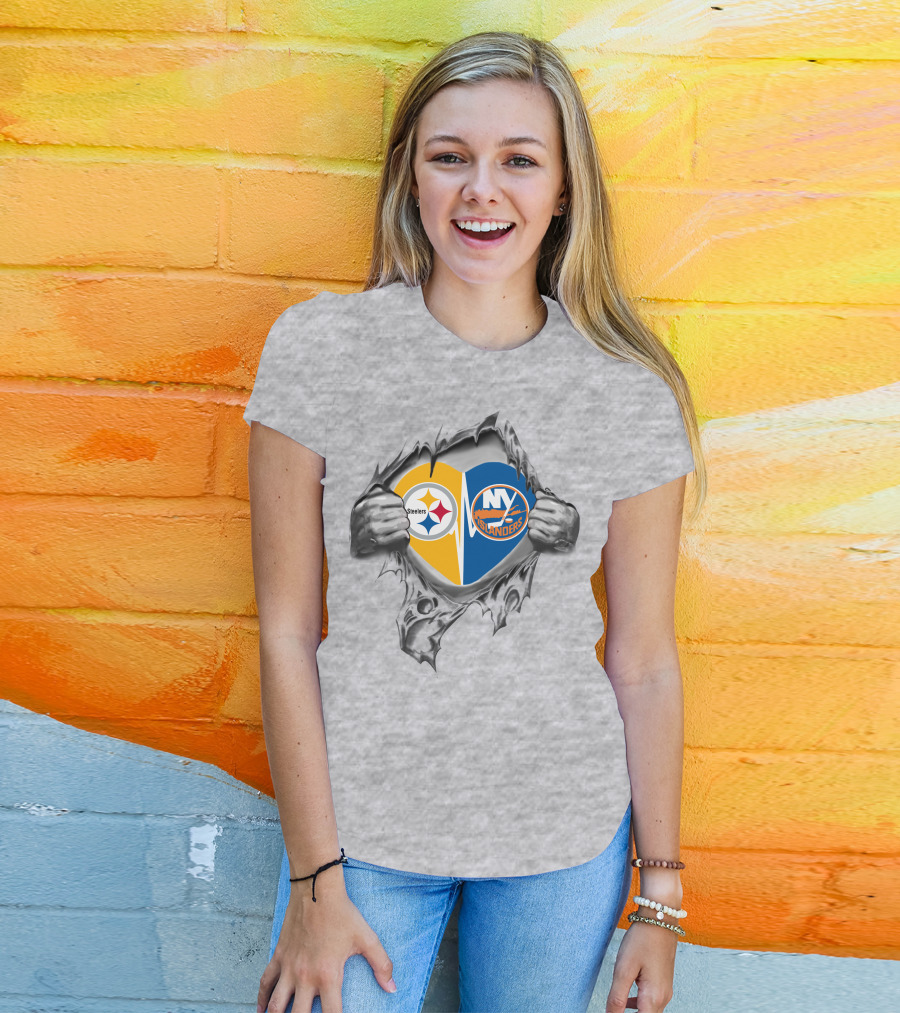 Steelers Islanders Heart Logos Ripping Open With Hands T-Shirt