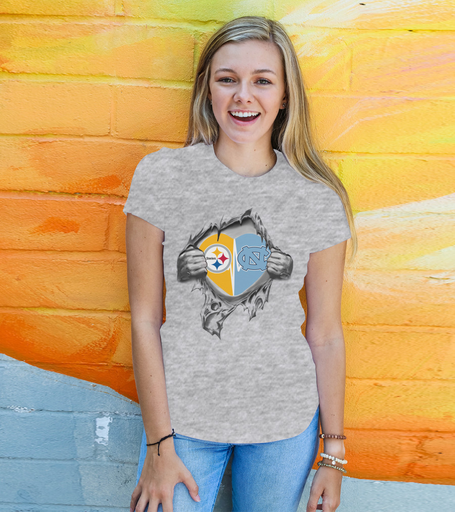 Steelers Tar Heels Heart Rip Iconic Team Fusion T-Shirt