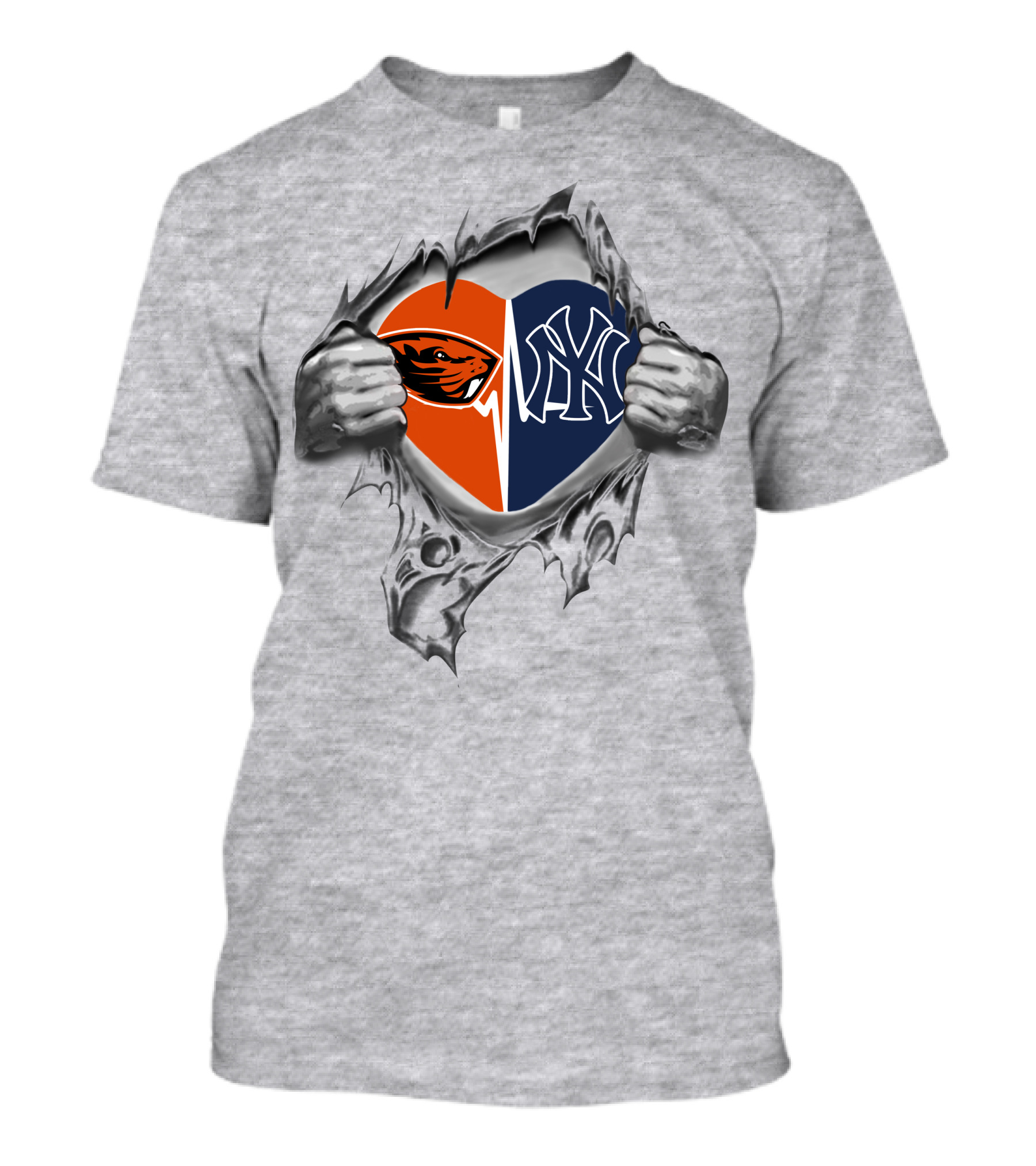 Yankees Beavers Heart Symbol With Logos In Tearing T-Shirt