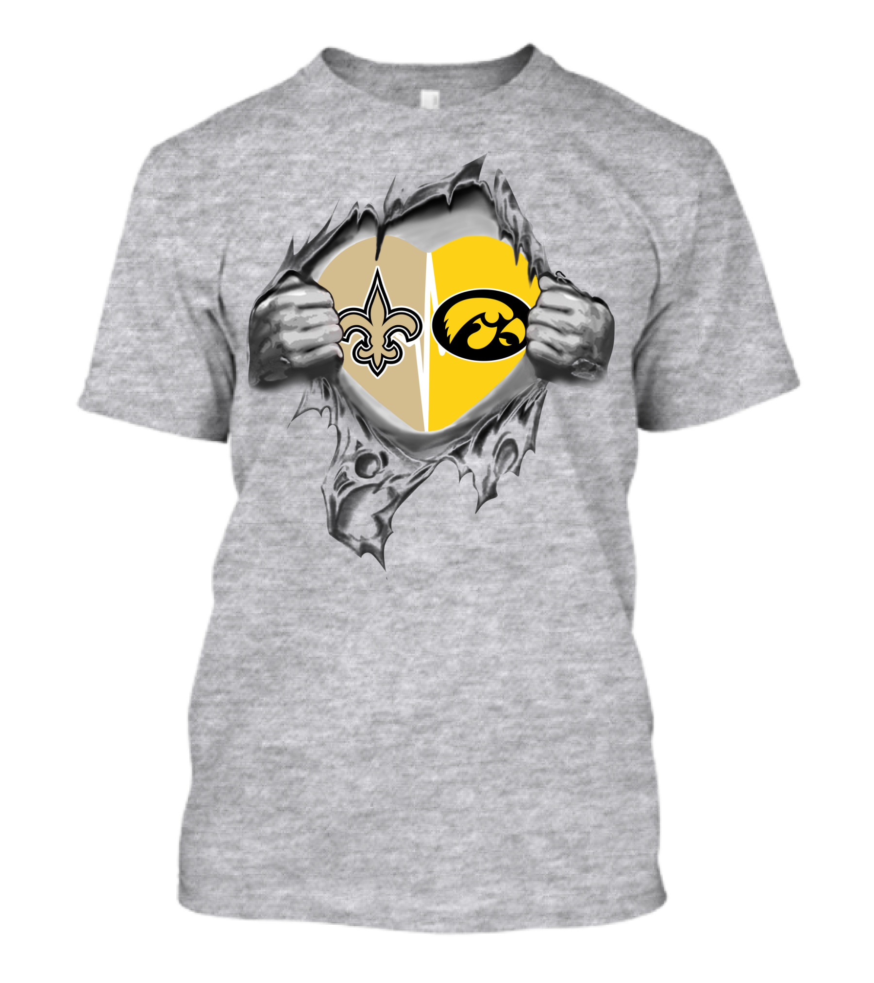 Saints Iowa Heart Split Fleur-de-Lis And Hawkeye T-Shirt