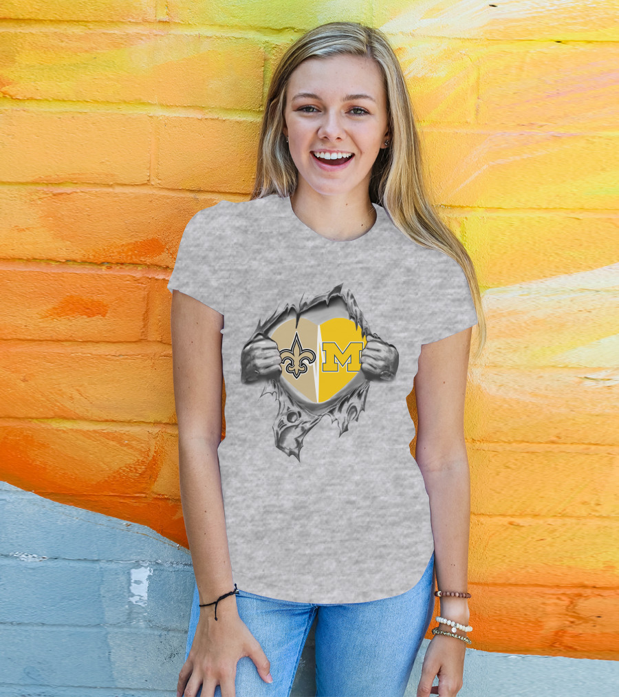 Saints And Michigan Heart Symbol With Fleur-de-lis And Block M T-Shirt