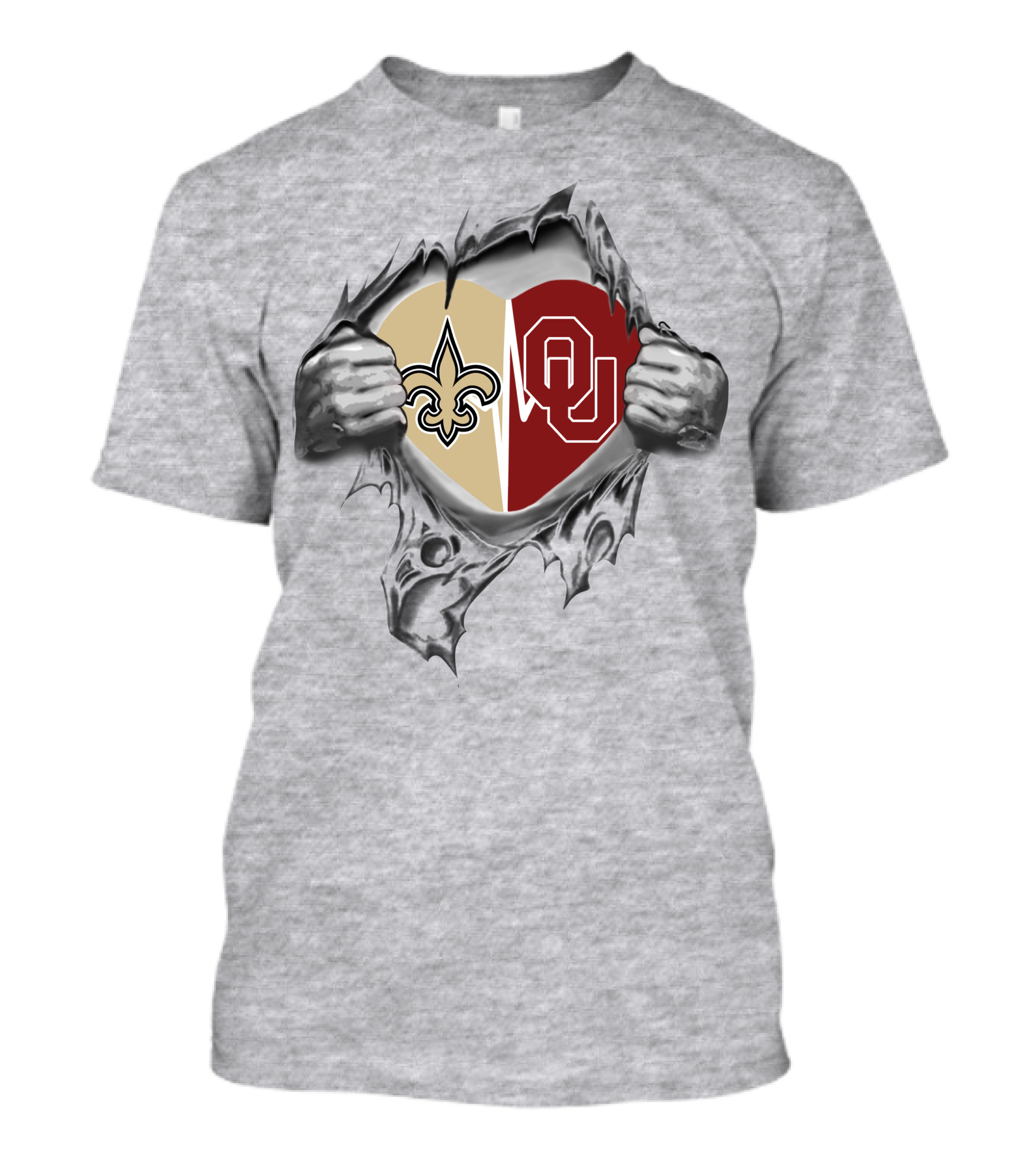 Saints Sooners Heart Torn Open Fleur-de-Lis OU T-Shirt