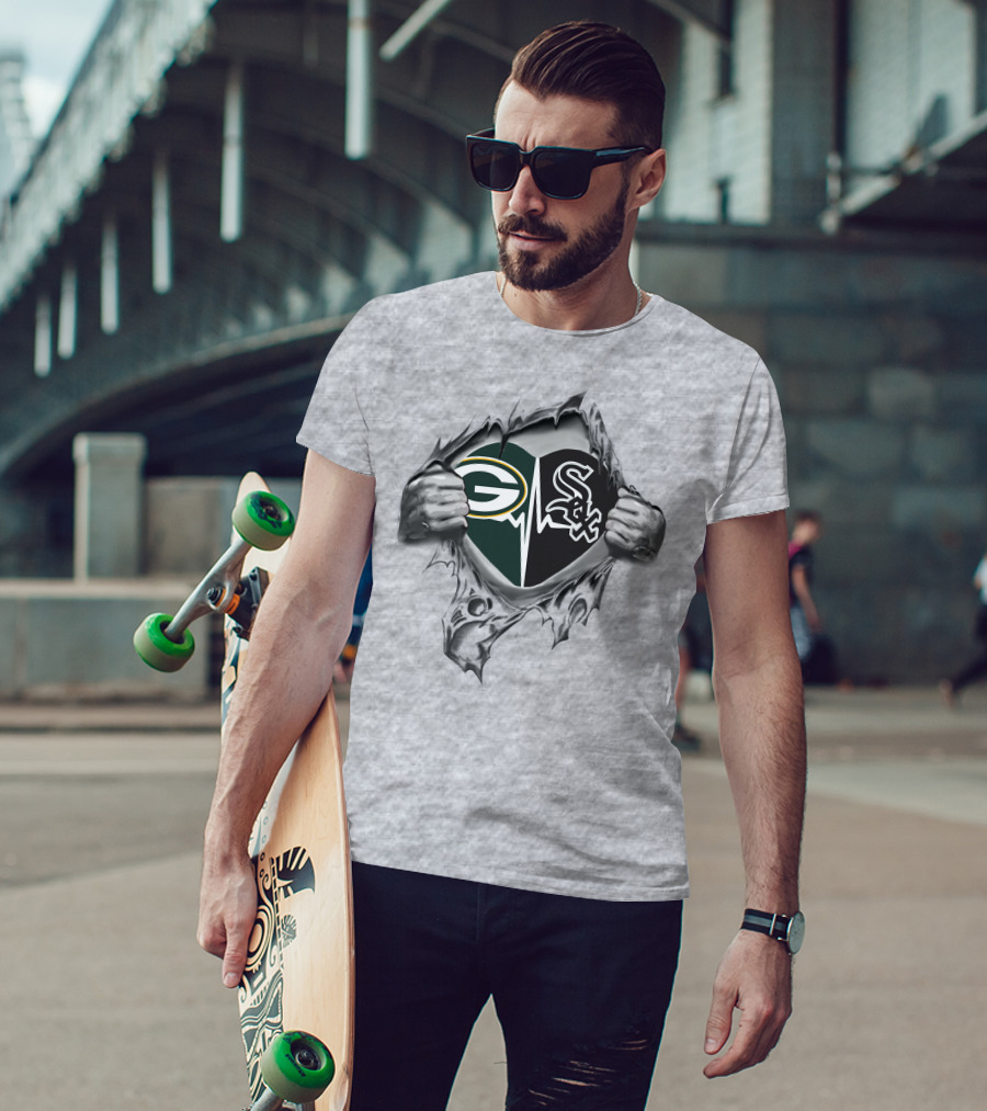 Green Bay Packers Chicago White Sox Heart Torn Open T-Shirt