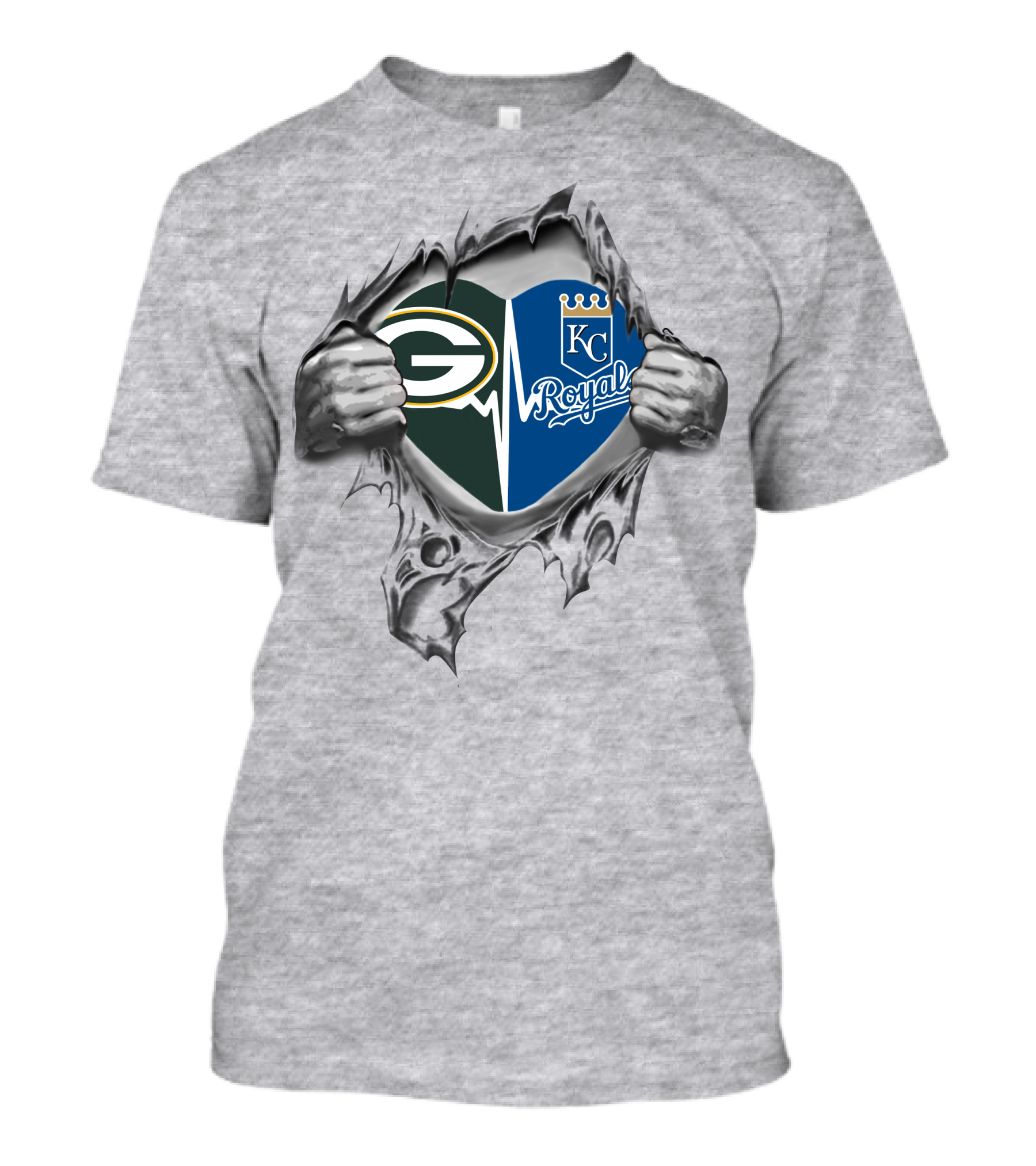 Green Bay Packers Kansas City Royals Heartbeat Logo Fusion T-Shirt