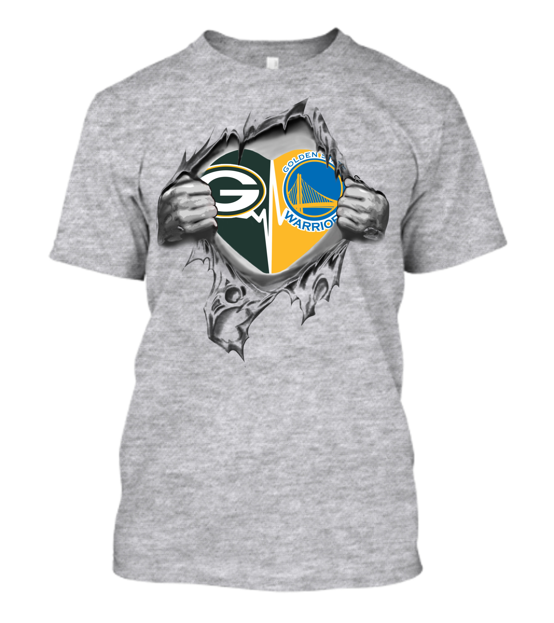 Green Bay Packers Golden State Warriors Logos In Torn T-Shirt