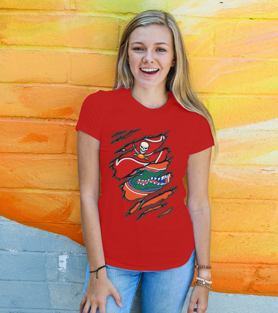 Buccaneers Gators Skull Football And Alligator Dual Logo Burst T-Shirt