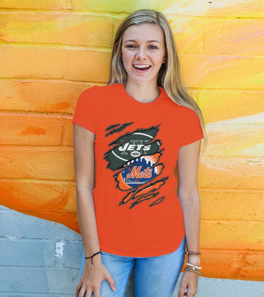 Jets Mets Nfl Mlb Ripped Logo Fusion T-Shirt
