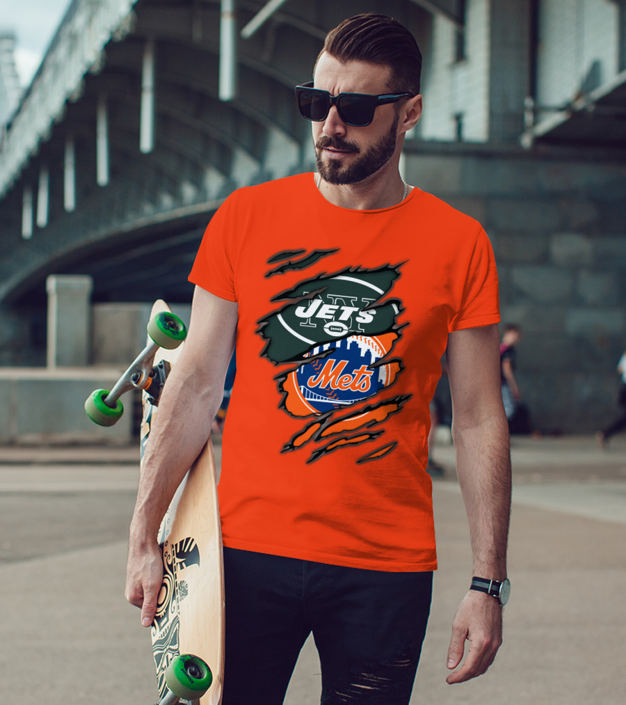 Jets Mets Nfl Mlb Ripped Logo Fusion T-Shirt