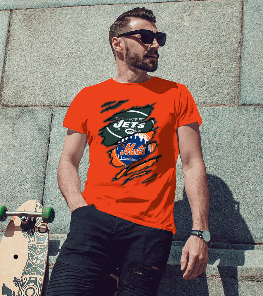 Jets Mets Nfl Mlb Ripped Logo Fusion T-Shirt