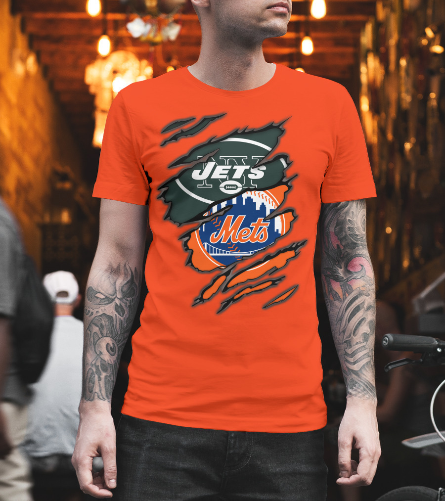 Jets Mets Nfl Mlb Ripped Logo Fusion T-Shirt