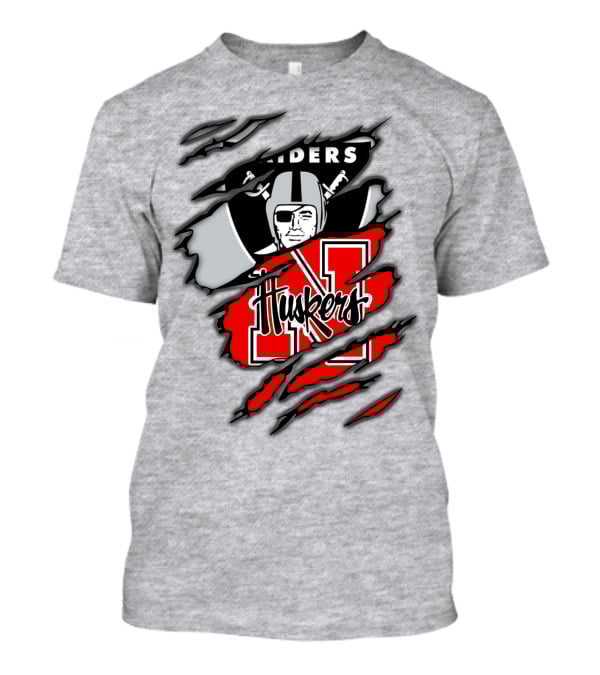 Raiders Huskers Torn Design With Icons And Symbols T-Shirt