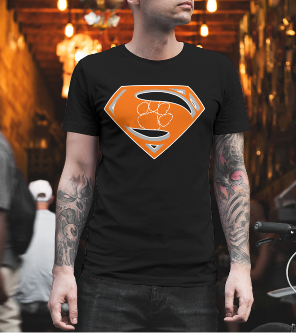 Superman Logo with Clemson Tigers Paw T-Shirt Superman Logo with Clemson Tigers Paw T-Shirt