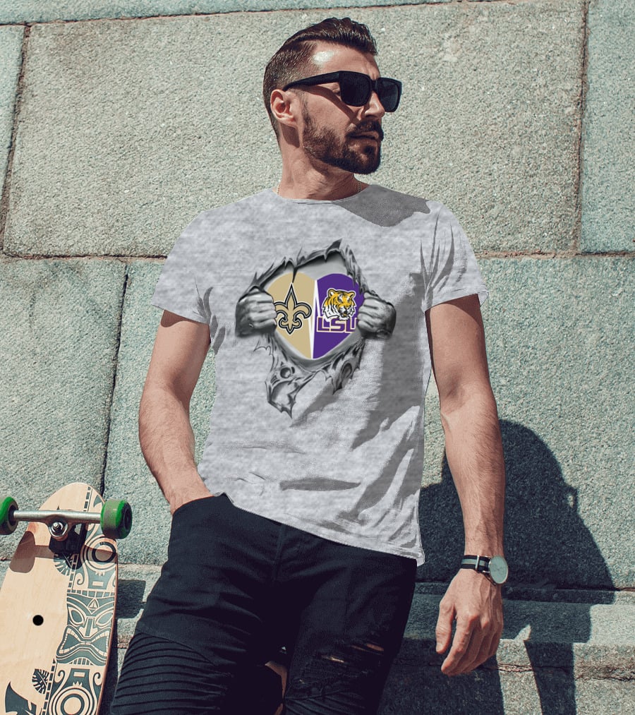 Saints Lsu Heart Torn Open Logo Tiger Inside T-Shirt