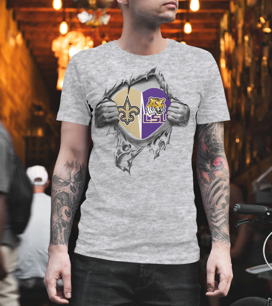 Saints Lsu Heart Torn Open Logo Tiger Inside T-Shirt