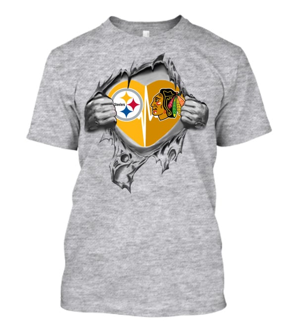 Steelers Blackhawks Heart Logos Torn T-Shirt