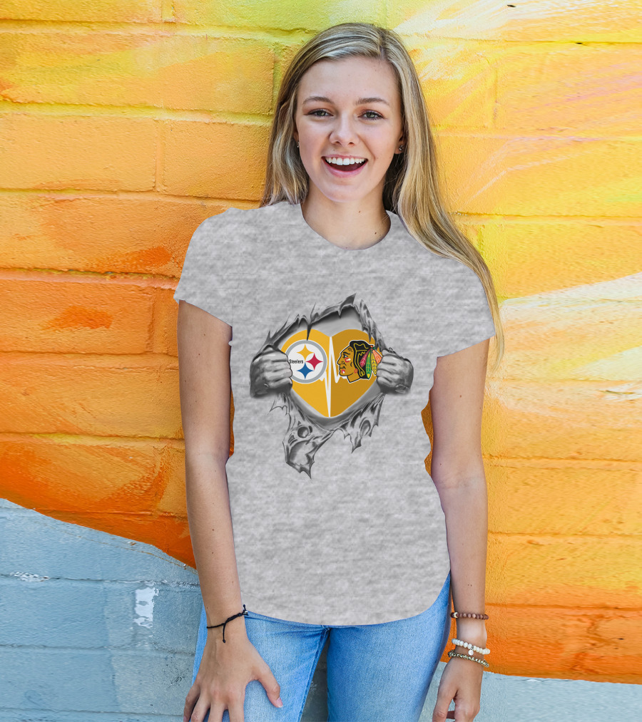 Steelers Blackhawks Heart Logos Torn T-Shirt
