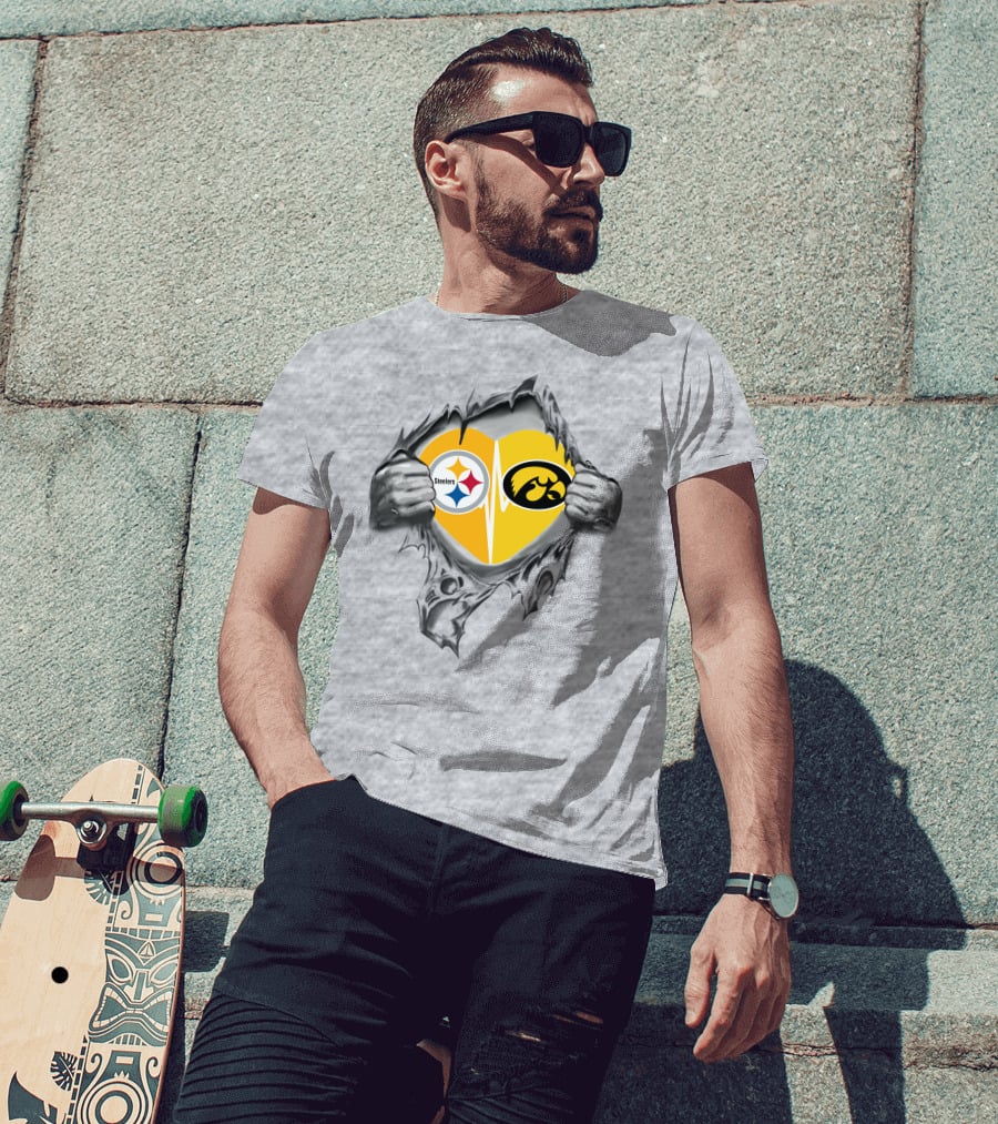 Steelers Hawkeyes Heartbeat Inside Layered Heart T-Shirt