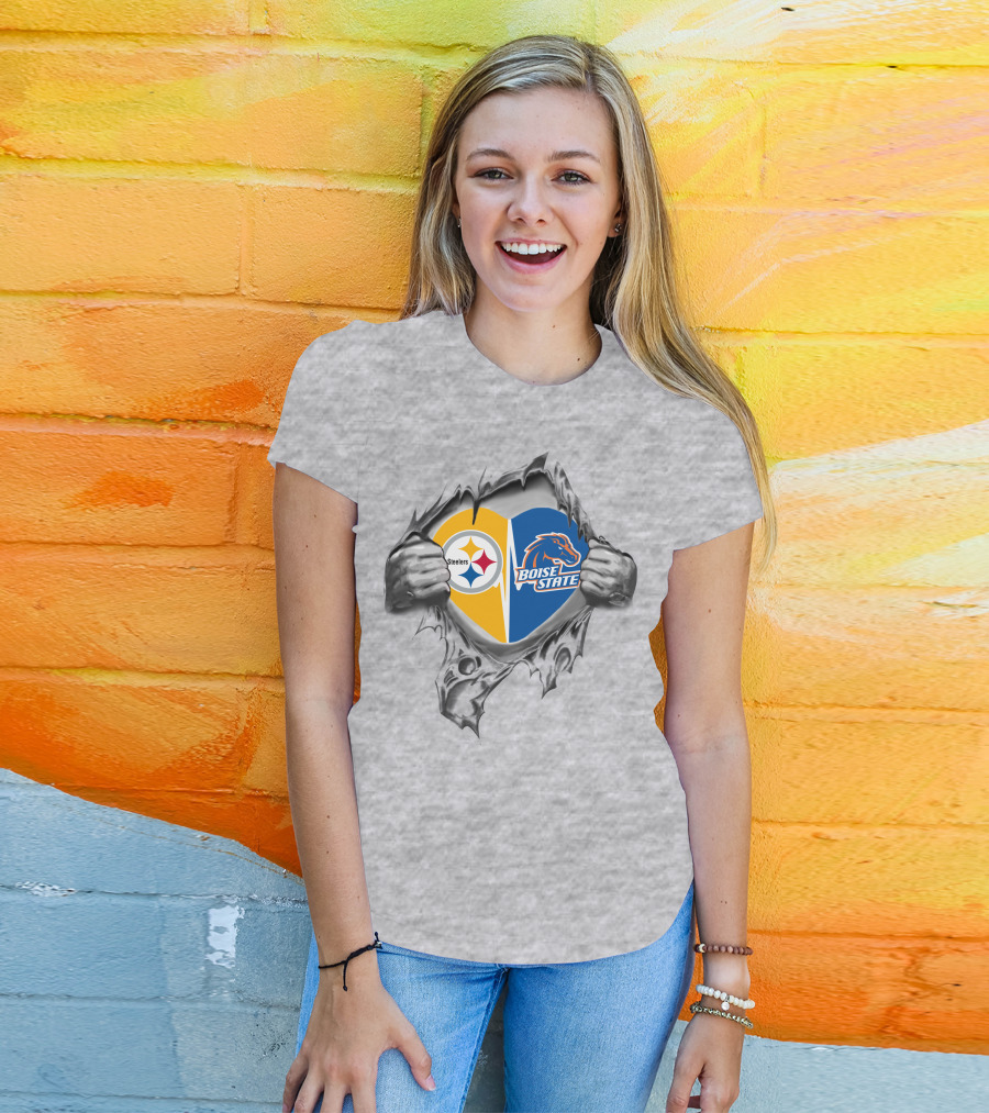 Steelers Boise State Heart With Logos And Ripped Hands T-Shirt