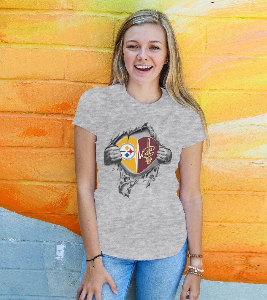 Steelers Cleveland Cavaliers Heart Logo Teared Open T-Shirt